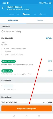 Muncul Review Pesanan Tiket Online bus Tividi lewat Traveloka cara Selanjutnya Lanjut ke Pembayaran